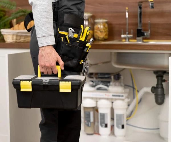 Sanitärtechniker mit voll bestücktem Werkzeugkoffer am Einsatzort