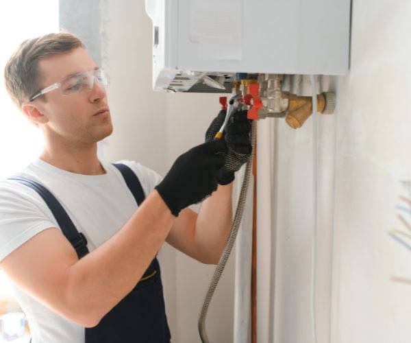 Techniker mit Schutzbrille wartet eine Gastherme — Thermenwartung vor Ort