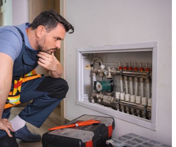 Sanitärtechniker prüft Heizungsverteiler und Pumpen — Wartung und Reparatur