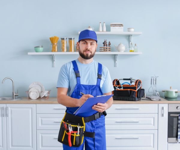Sanitärinstallateur mit Werkzeugkoffer und Installationsplan in der Küche